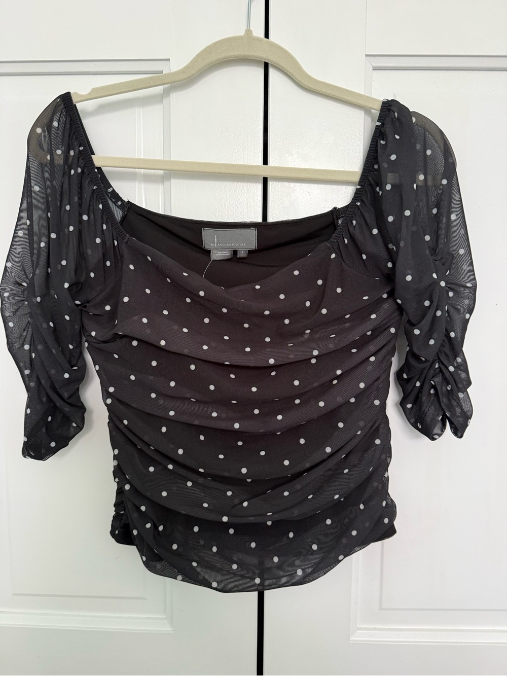 Anthropologie Black Mesh Polka Dot Ruched Top